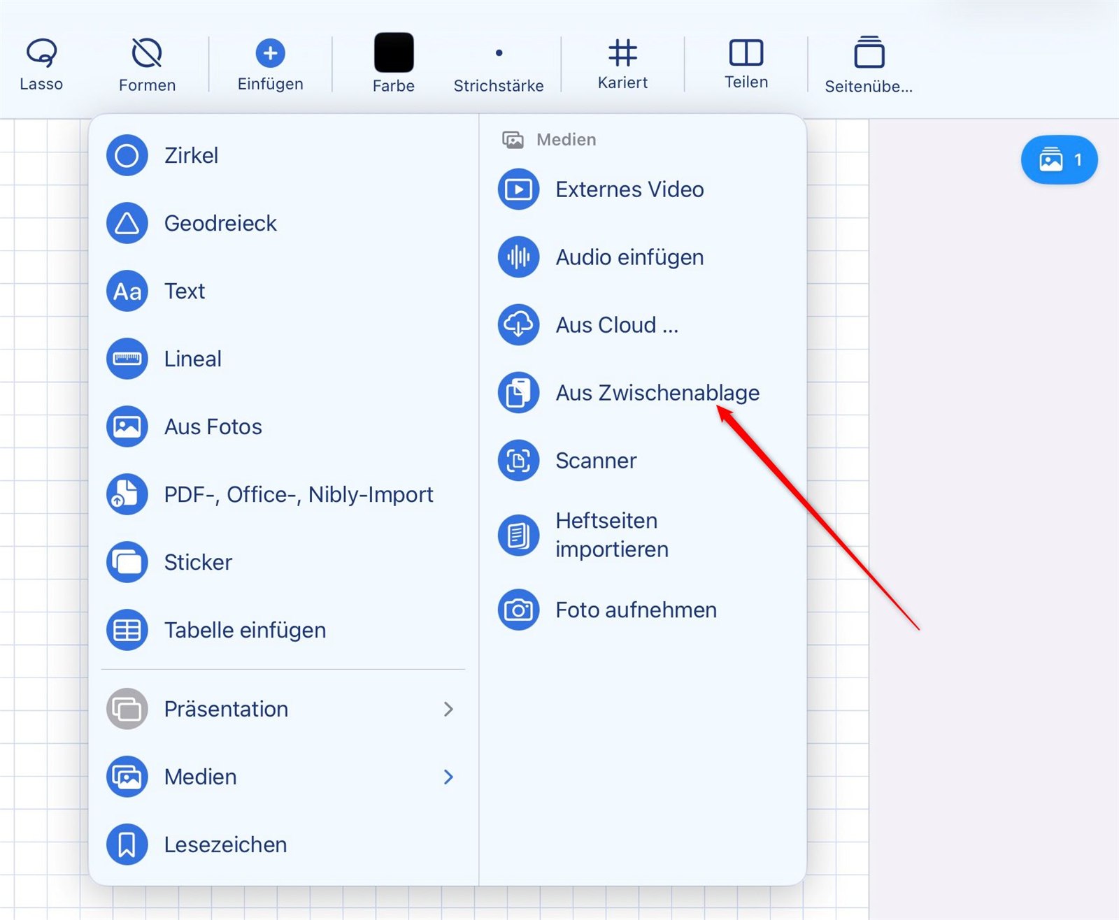 iOS-Teilen-Menü mit NiblyNotes-Eintrag