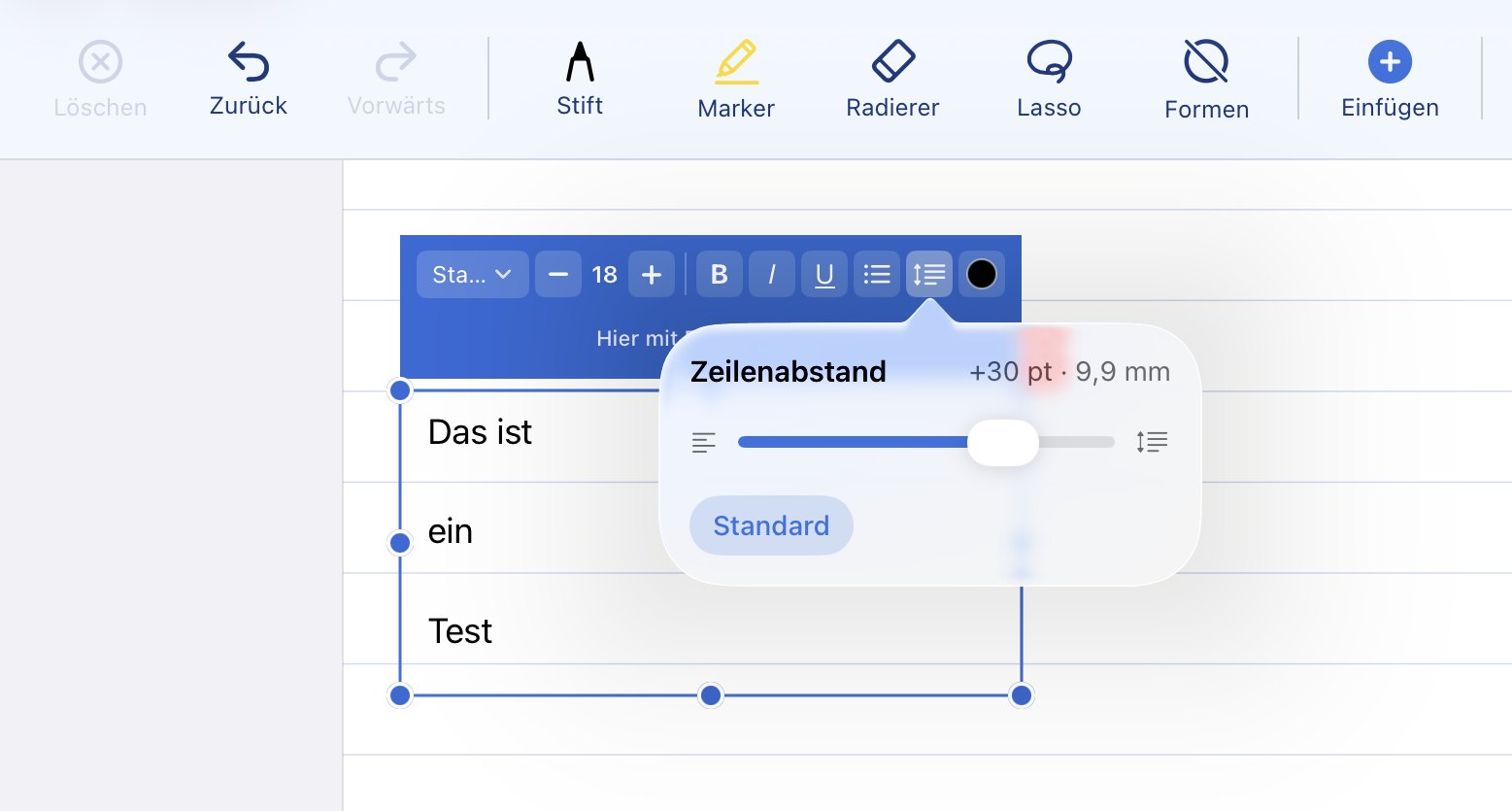 Text box menu with the line-spacing slider showing the value in points and millimetres